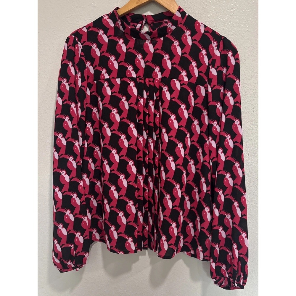 Avec Les Filles Pleated Long Sleeve Top Sz M Hot Pink Black Toucan Birds Office